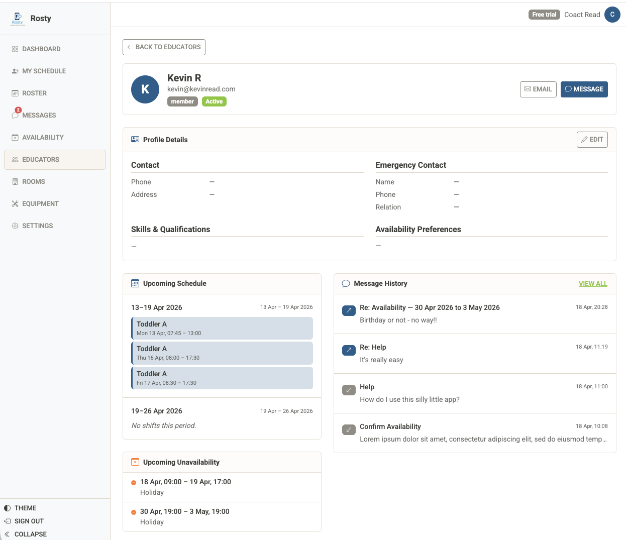Rosty staff profile page